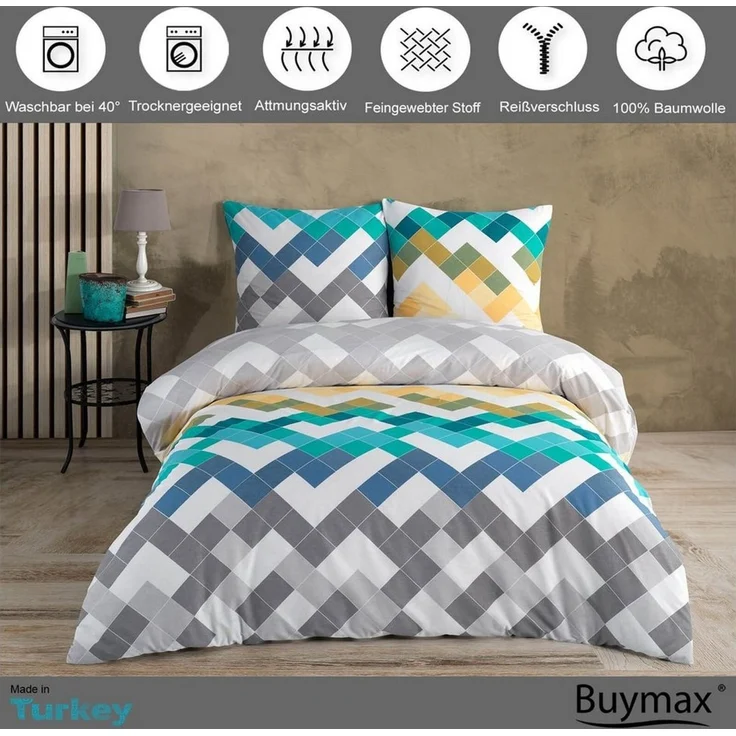 Buymax Bettwäsche Larinda, 100% Baumwolle Renforcé, 2 teilig, 155x220 cm mit Reißverschluss, Bettbezug-Set, gestreift Gelb Grau Blau
