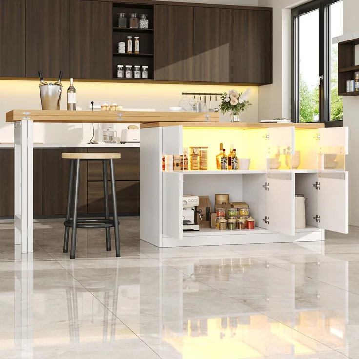 Ausziehbarer Bartisch 120–180 x 40 x 75,8 cm aus MDF mit LED-Beleuchtung und Stauraum