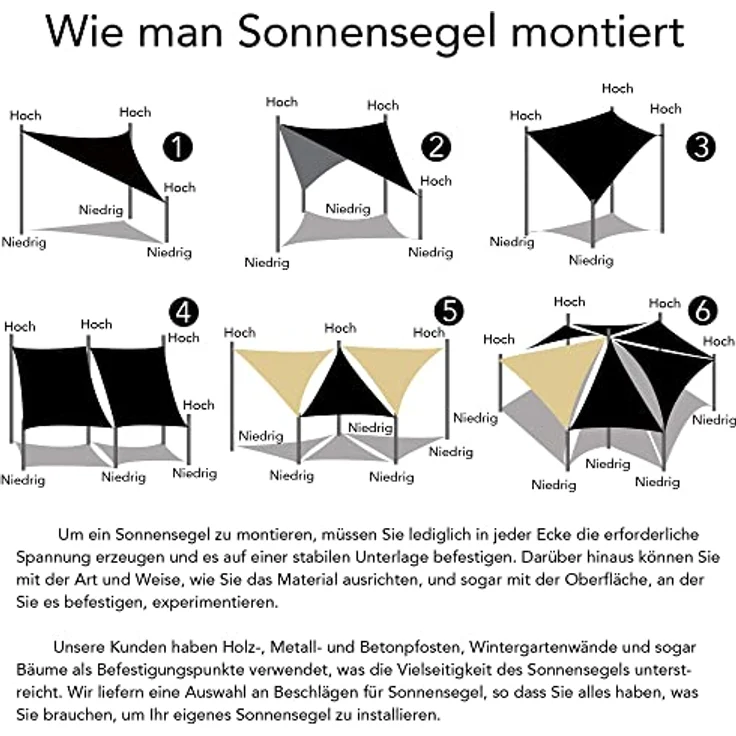 Sonnensegel Anthrazit/Schwarz Rechteck 2x4m Schatten UVSchutz Wetterfest Outdoor – Bild 8