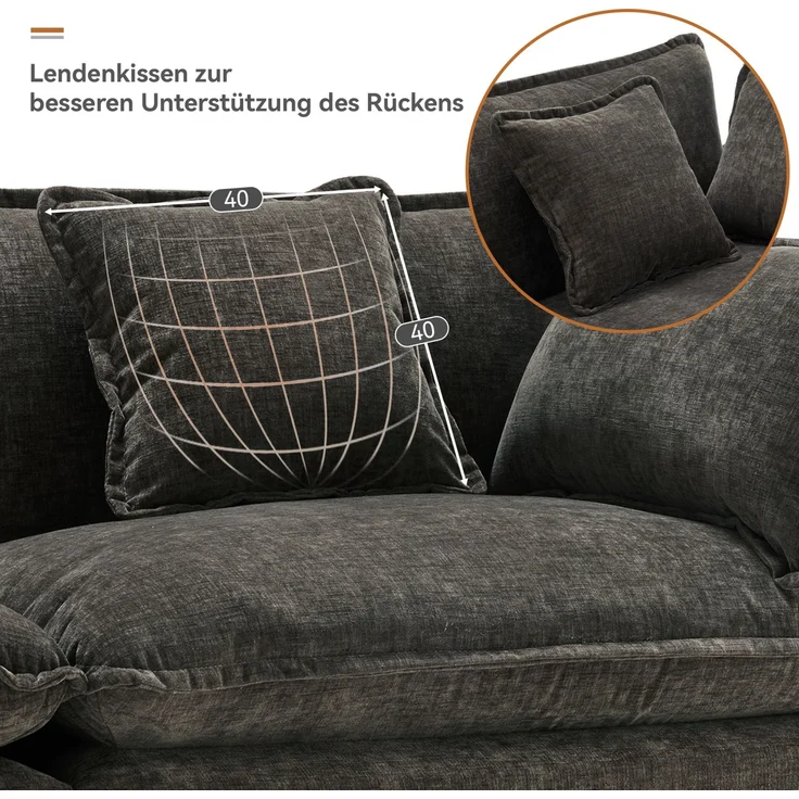 DESVIAE Sofa, 3-Sitzer mit beweglichem Fußhocker, 283x84x147 cm, Chenille, Dunkelgrau – Bild 6
