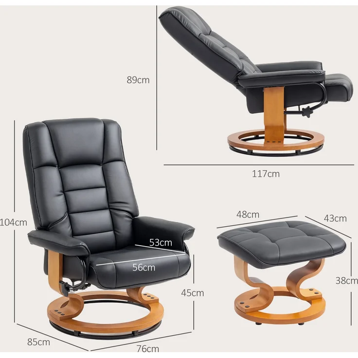 HOMCOM Relaxsessel mit Hocker, Kunstleder, Holz, Schwarz, 76L x 85B x 104H cm – Bild 3