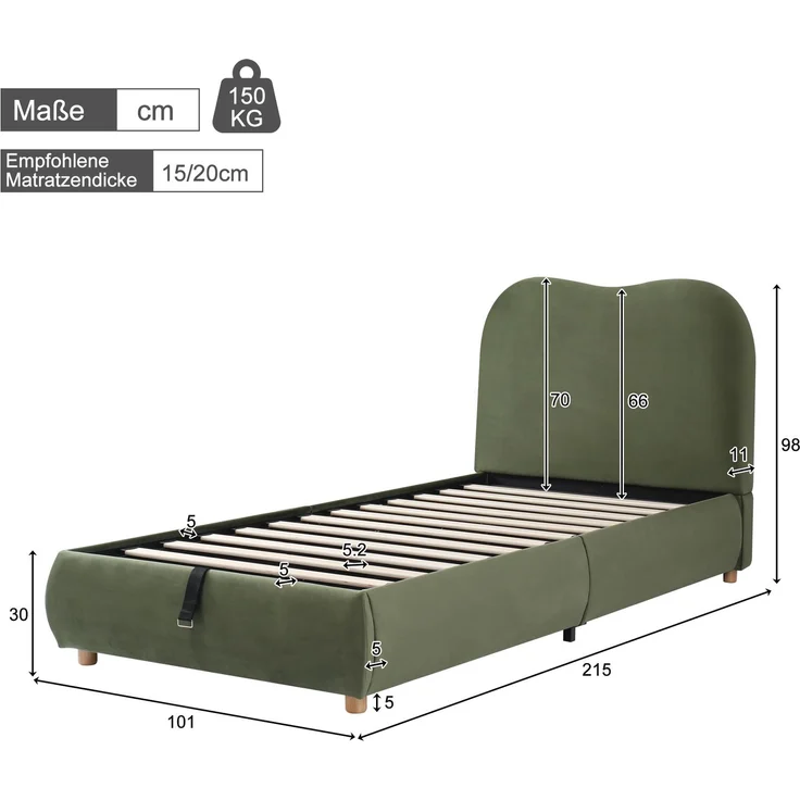 Kinder-Polsterbett aus Samt mit hydraulischem Stauraum, 90x200 cm, Grün, ohne Matratze – Bild 10