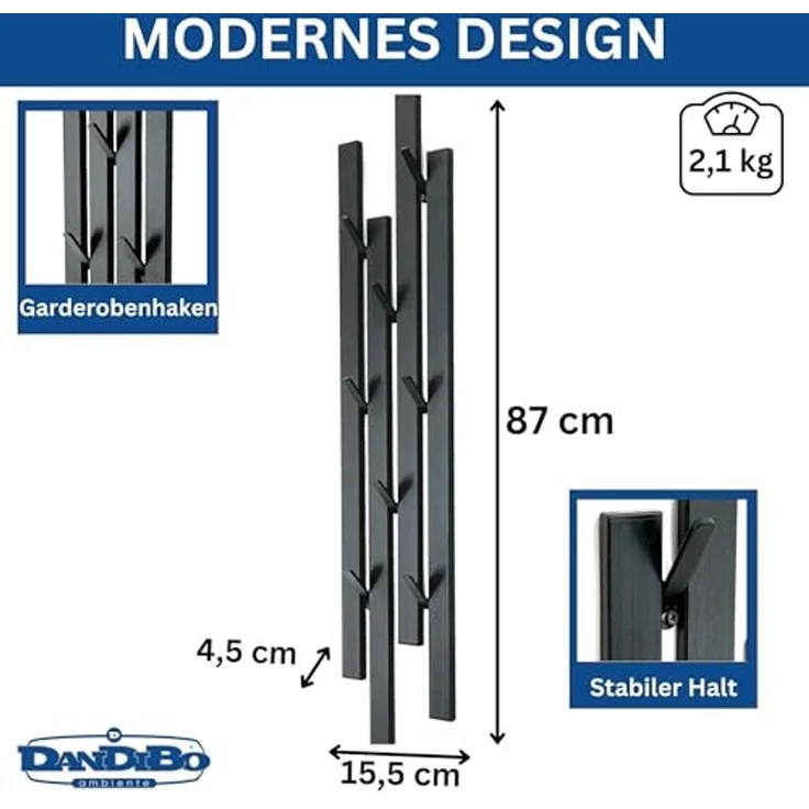 DanDiBo Garderobe Wand Schwarz Metall 96612 Wandgarderobe mit 8 Haken Schmal Flurgarderobe Modern Hakenleiste Garderobenhaken – Bild 2