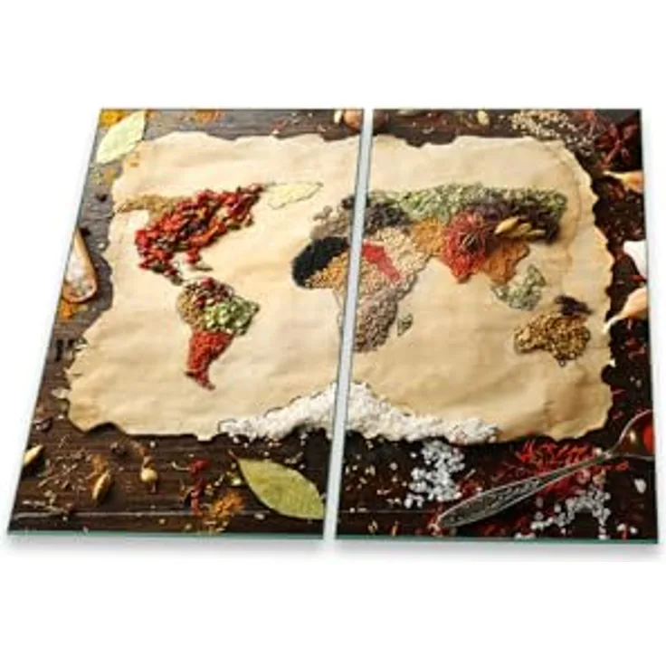 Herdabdeckplatte Abdeckung Ceranfeld Abdeckplatte Schneidebrett 2-Teilig 60x52 Gewürze Weltkarte Beige Spritzschutz Glasplatte Ceranfeldabdeckung Herdschutz Sicherheitsglas Glasschneidebrett 2x30x52