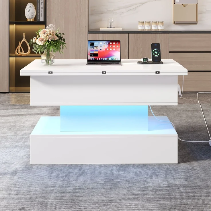 Couchtisch Weiß mit Hebefunktion, 100 x 50 x 51,5 cm, ausziehbar,LED-Licht steuerbar per App, USB- und Typ-C-Steckdose – Bild 2
