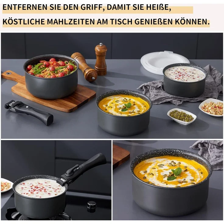 Kochtopf Set 7-tlg. 16+18+20cm abnehmbarer Griff Induktion Antihaft backofenfest – Bild 4