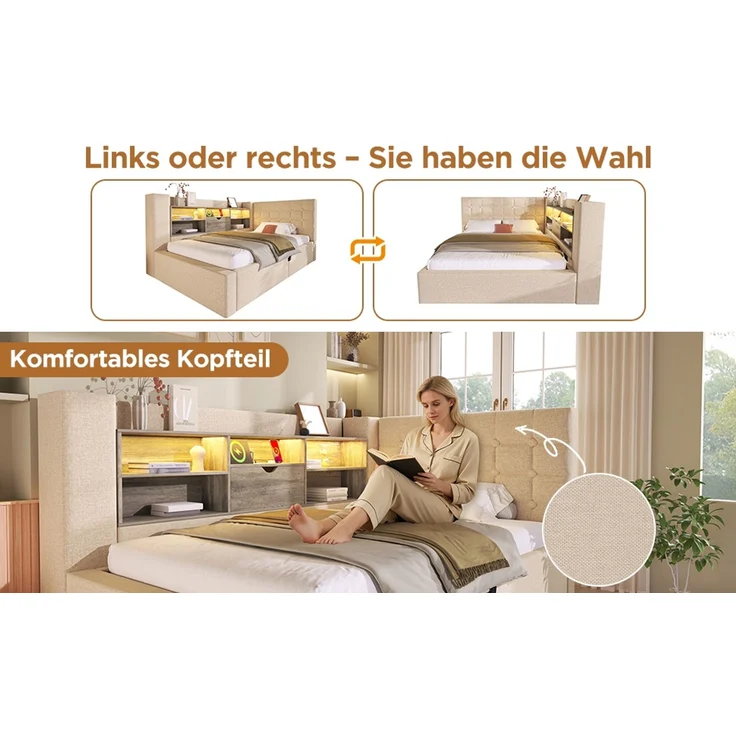 U-life Polsterbett Doppelbett 140x190 cm, hydraulischer Stauraum, L-förmigem, Beidseitig montierbar, Lattenrost, Leinen, Beige – Bild 2
