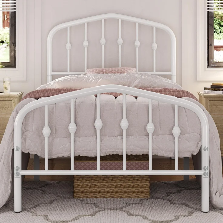 Yaheetech Bettrahmen 90 x 200 cm, Vintage Metallbett mit kronenförmigem Kopfteil, Stabiles Bettgestell Einzelbett aus Metall, Robust & Leichte Montage Gästebett Jugendbett Tagesbett, Weiß – Bild 1