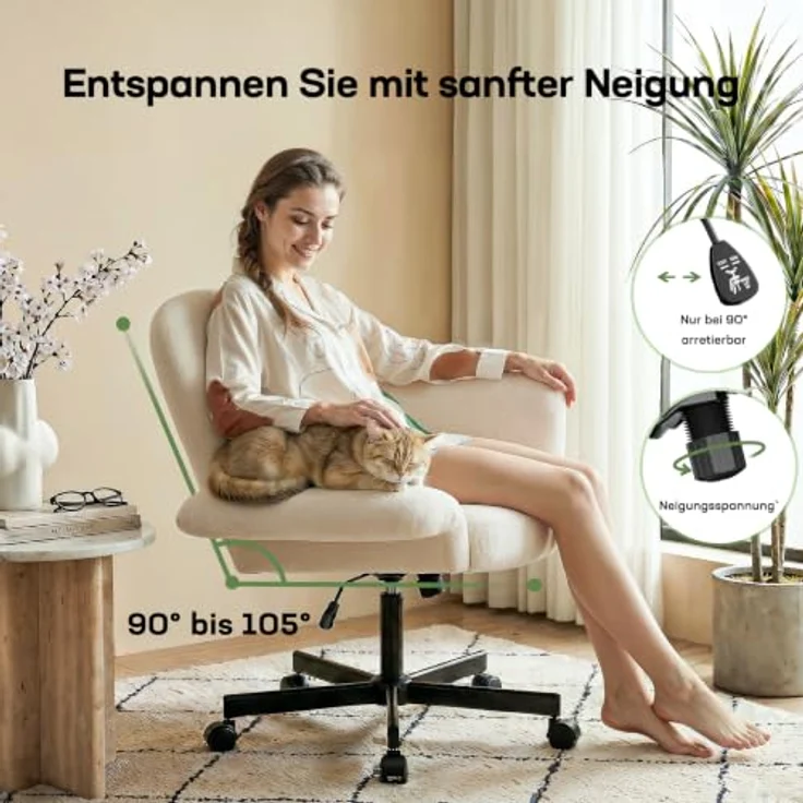 Marsail Schminktisch Stuhl,verstellbaren 180° Armlehnen &105° Rückenlehne | bis 150kg Höhenverstellbar 360° Drehfunktion, weicher Chenille-Stoff, Extra breiter Sitz für Schneidersitz, Lesen & Relaxen – Bild 5