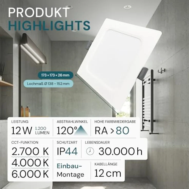 LUXULA LED Einbauleuchte eckig, Weiß, 173x26mm, 12W 1200lm, IP44, CCT 2700K-6000K einstellbar, flach, für Bad, Küche & Innenräume – Bild 2
