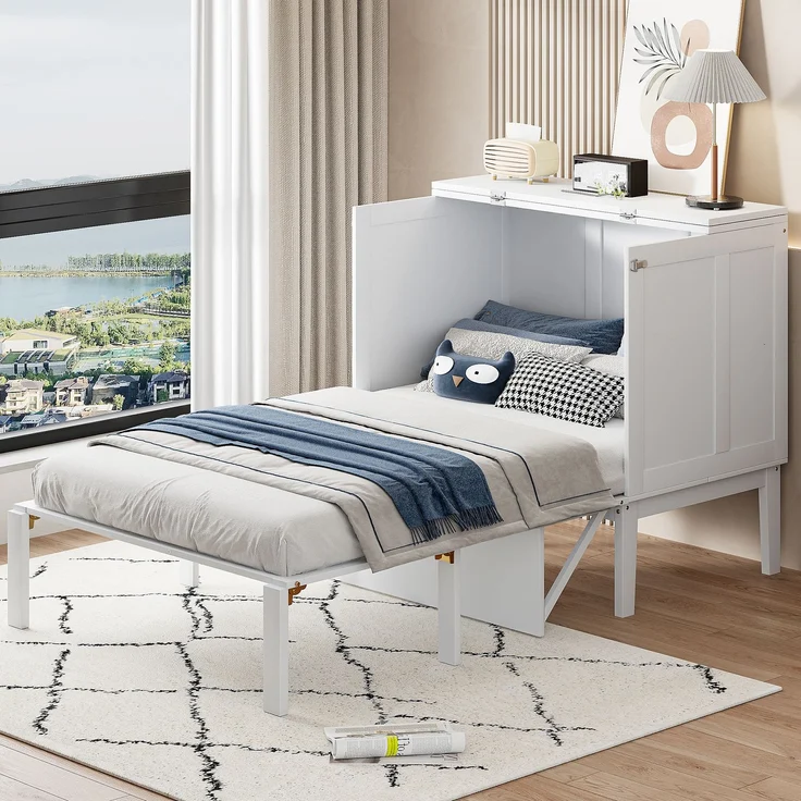 Schrankbett 90x200 cm, vertikal klappbar mit Stauraum, Weiß, ohne Matratze – Bild 1