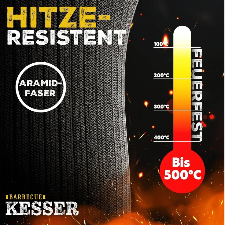 KESSER® Grillhandschuhe hitzebeständig bis 500 °C, Atmungsaktiv & mit rutschfestem Griff, Aramid-Gewebe, Maschinenwaschbar, Schwarz / Rot, M-L – Bild 3