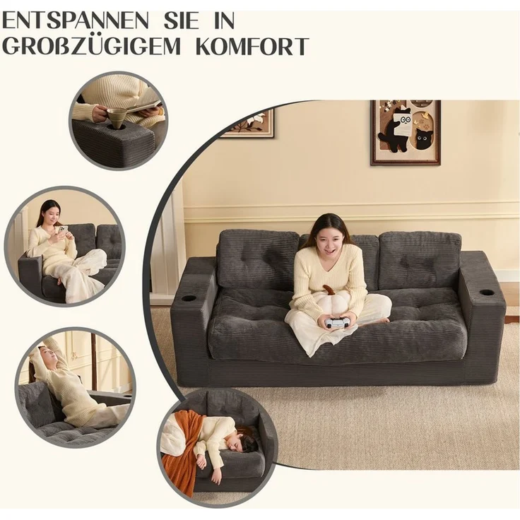 LITBIRD Sofa Bodensofa 3-Sitzer 190 cm, modulares Kordstoff Sofa mit Rückenlehne, 1 Teile, Jugend- & Studentensofa, bequemes Relax Sofa – Bild 4