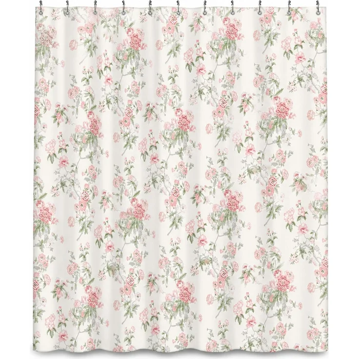 Wasserdichter Duschvorhang mit Blumenmuster Weiß-Rosa, 220x180 cm – Bild 1