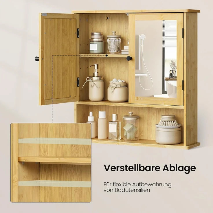 EUGAD Badezimmerspiegelschrank (1-St) mit Verstellbarer Ablage, aus Bambus – Bild 6