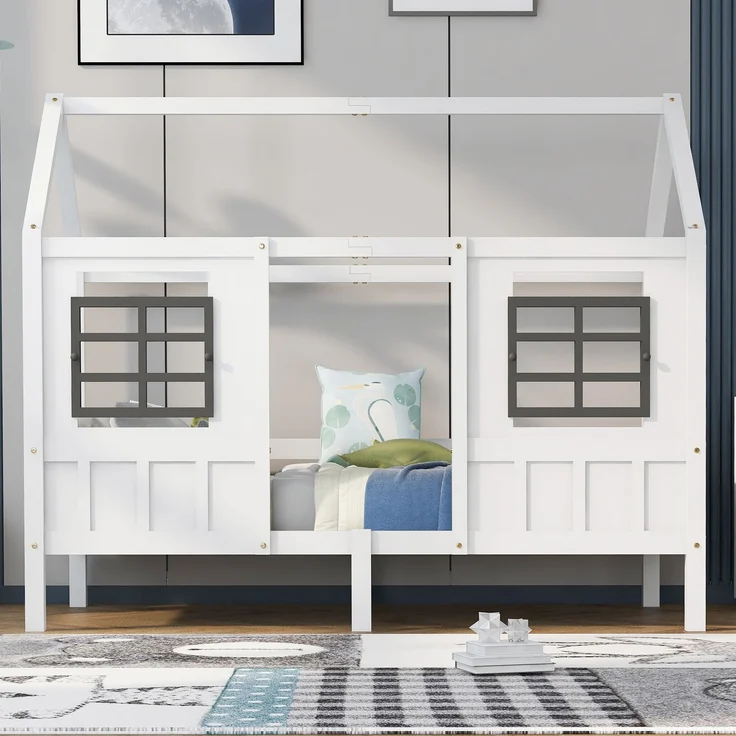 U-life Hausbett 90x200 cm, Einzelbett und Kinderbett, mit 2 Fenstern und Sicherheitsgeländer, Kiefernholz, Weiß – Bild 2