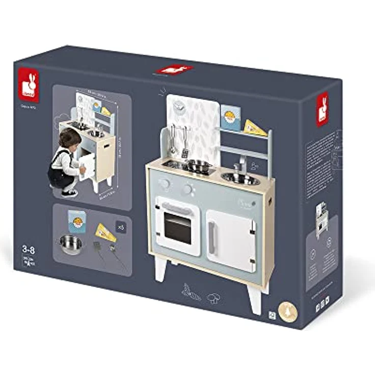 Janod - Küche ‘Plume’ - Kinderküche aus Holz mit Backofen, Edelstahlspüle, Schrank, Induktionskochplatten und Uhr - Spielküche mit 5 Zubehörteilen - Ab 3 Jahren, J06608 – Bild 13