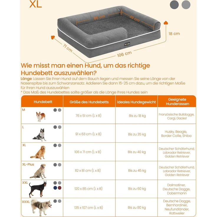 Feandrea Orthopädisches Hundebett, Hundekissen, Hundekorb, weiche Polsterung, Hundesofa, erhöhte Ränder, Bezug abnehmbar und waschbar, 106 x 80 x 20 cm, rutschfeste Unterseite, hellgrau PGW077G02 – Bild 5