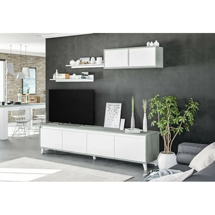 Dmora - Wohnzimmermöbel Vergennes, Wohnzimmerset, Mehrzweck-Wohnzimmermöbel, Moderne Aufbewahrungswand, 200 x 41 x 50 cm, Zement und glänzendes Weiß – Bild 6