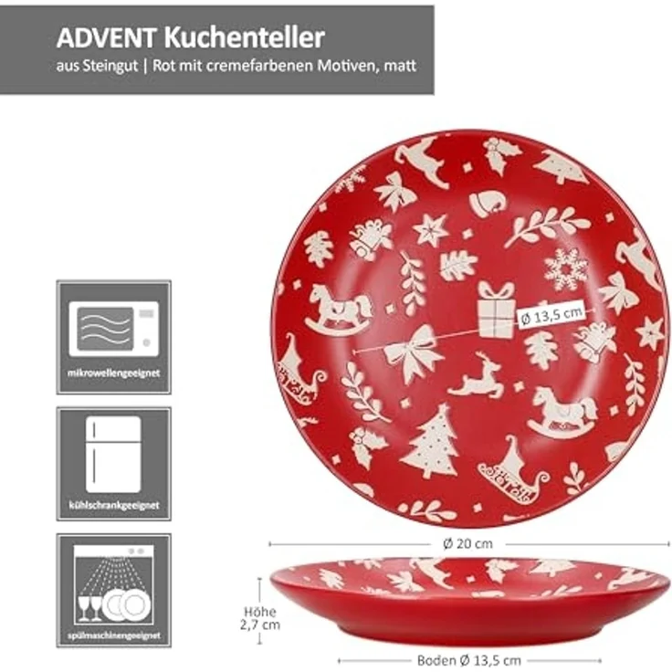 MamboCat Frühstücksteller 6er Set Advent Kuchenteller Ø20cm Rot Weihnachten Dessert Gebäck – Bild 6