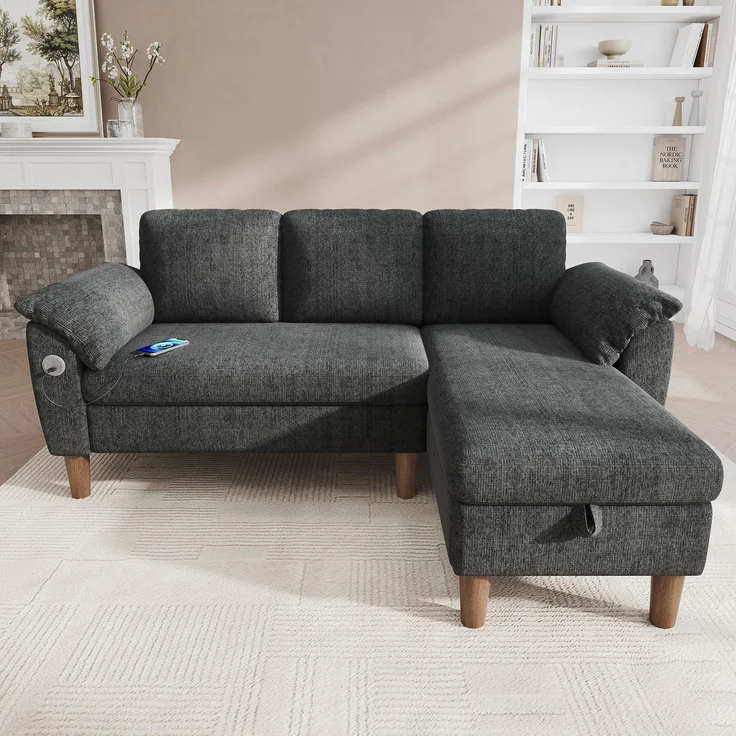 Merax L-förmiges Ecksofa, 3-Sitzer Sofa mit Stauraum-Chaiselongue, links/rechts montierbar, USB/Type-C-Ladeanschluss, Seitentasche, 2 halbfeste Armlehnenkissen, Chenille Stoff, Grau – Bild 2