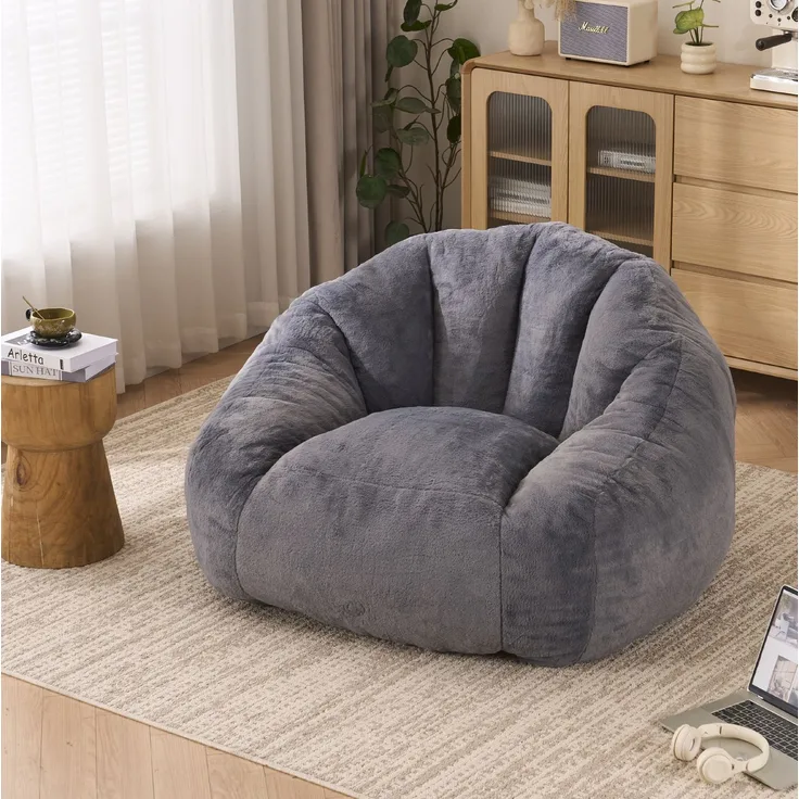 Sitzsack in Grau 111cm×123cm×75cm mit Kunstfell-Bezug – gepolsterter Loungesessel für Wohnzimmer und Schlafzimmer