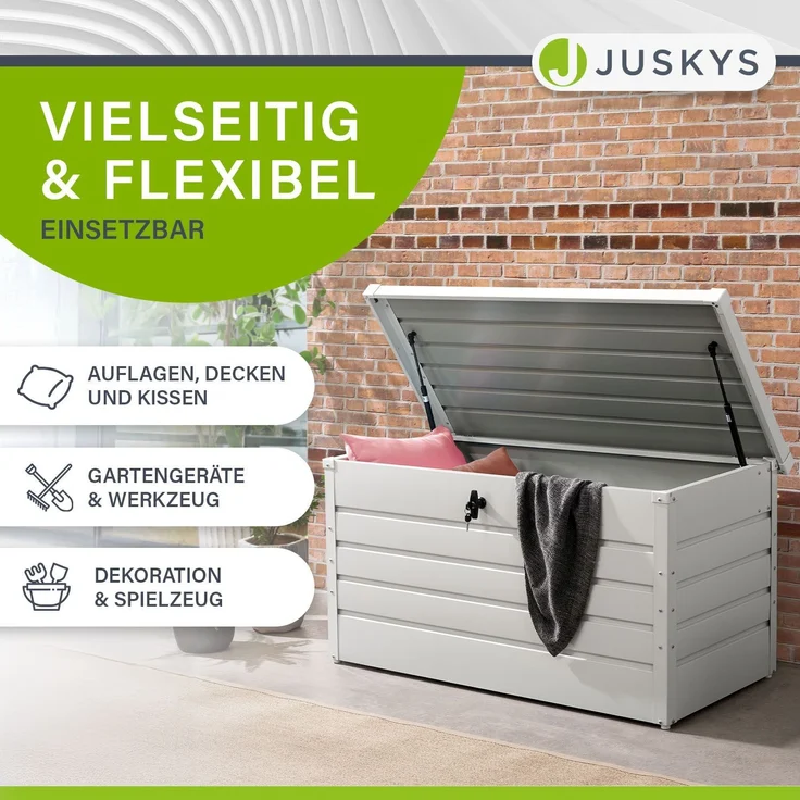 Juskys Metall Aufbewahrungsbox Limani 380 Liter - Outdoor Box - wasserdicht, abschließbar - Gartenbox, Auflagenbox, Kissenbox für Garten Weiß – Bild 5