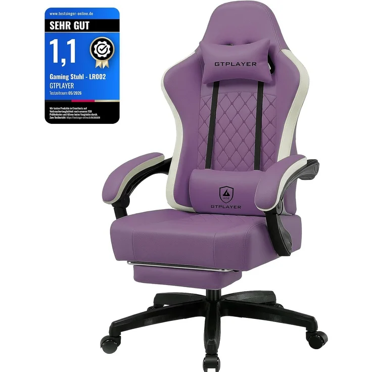 GTPLAYER Gaming Stuhl Ergonomischer Gaming Sessel Schreibtischstuhl Kunstleder, Federsitzkissen, Verbindungsarmlehnen und Fußstütze 150KG, lila – Bild 1