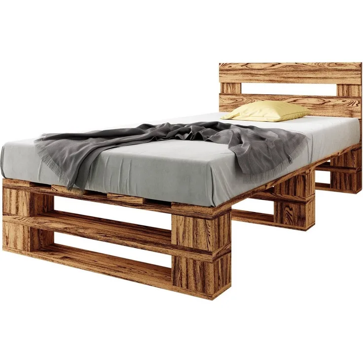 sunnypillow Palettenbett M2 aus Holz 90x200 cm mit Kopfteil und Lattenrost Stabiles Seniorenbett Kinderbett Jugendbett Gästebett erhöhtes Einzelbett Bettgestell Futonbett Komforthöhe Geflammt