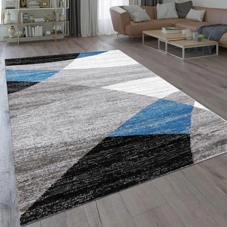 VIMODA Teppich Geometrisches Muster Meliert in Blau Grau Weiß Schwarz Kurzflor Wohnzimmer, Maße:80x250 cm – Bild 1
