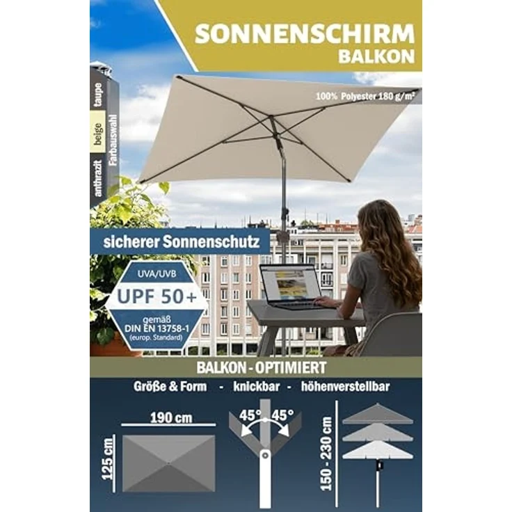 Menz Sonnenschirm Balkon - 3-IN-1 Sonnenschutz Balkon SET in Beige, UPF 50+ Sonnenschirm rechteckig 200x125 cm + kompakter Sonnenschirmhalter Balkongeländer + Sonnenschirmhülle – Bild 5