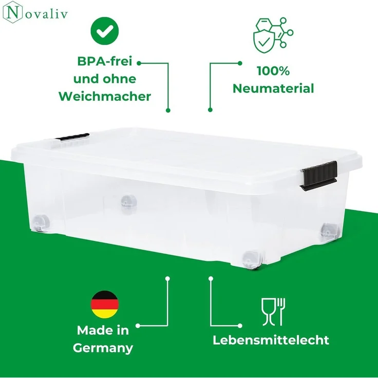 Novaliv Aufbewahrungsbox 30541+1xTRA (1 St), Novaliv Unterbett Aufbewahrungsbox mit Rollen Deckel 28L transparente – Bild 2