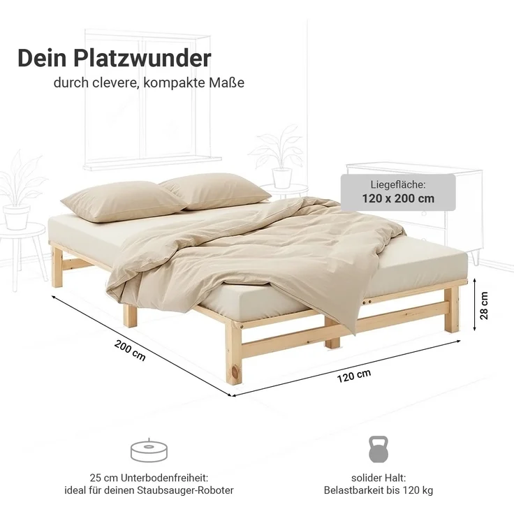 Holzbett 120x200 mit Matratze Doppelbett Holz Natur Bett Massiv Palettenbett Bettgestell Holzbettrahmen Lattenrost – Bild 3