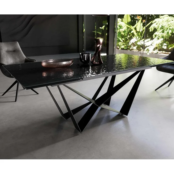 Esstisch Edge 200-300x100 Reliefglas Rauchschwarz 3D-Design Spider Flachstahl Schwarz ausziehbar – Bild 5