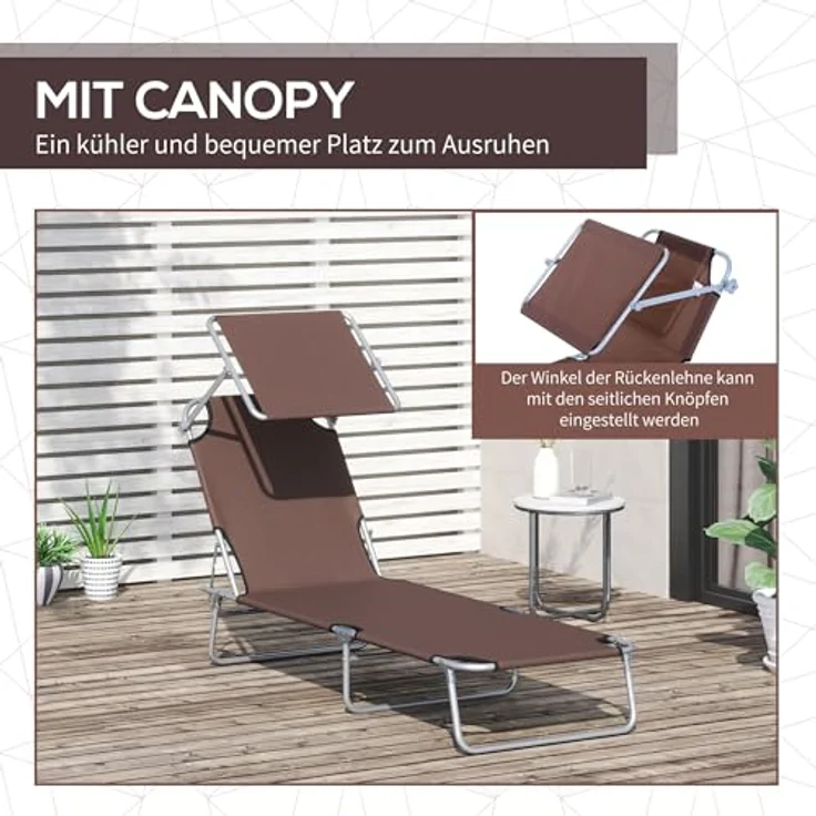 Outsunny Sonnenliege Gartenliege Wellnessliege Strandliege klappbar mit Sonnenschutz Braun 187 x 58 x 36 cm – Bild 7