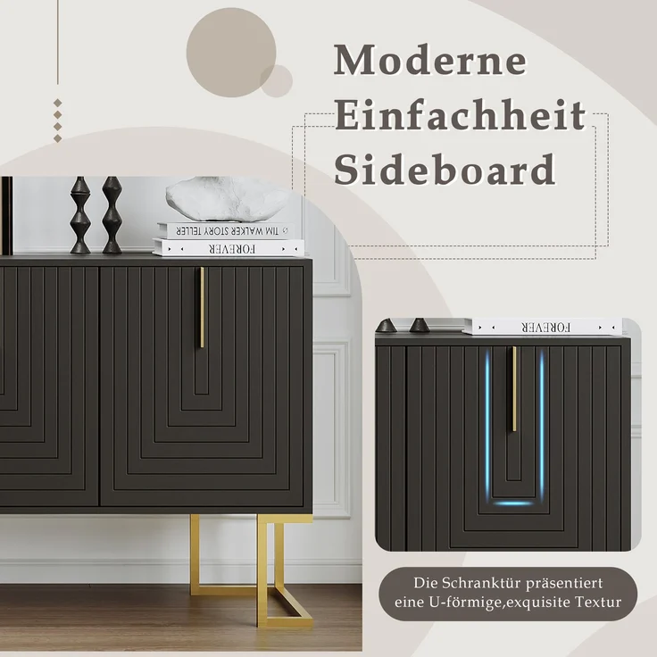 Merax Modernes 3-türiges Sideboard mit verstellbaren Regalen, U-förmigen Schranktüren und Metallgriffen und Sockel für Esszimmer und Küche (Schwarz) – Bild 4