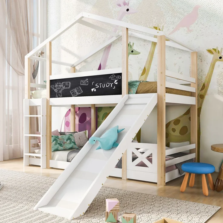 Etagenbett 90x200 cm mit Rutsche & Tafel, Hausbett aus Kiefer, Hochbett mit Leiter, sicher & spielerisch für Kinderzimmer – Bild 3