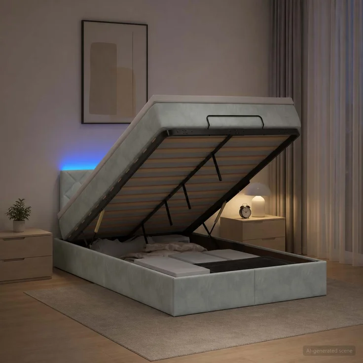 vidaXL Ottoman-Bett mit Matratze und LED Hellgrau 120 x 200 cm Samt 3457203 – Bild 1