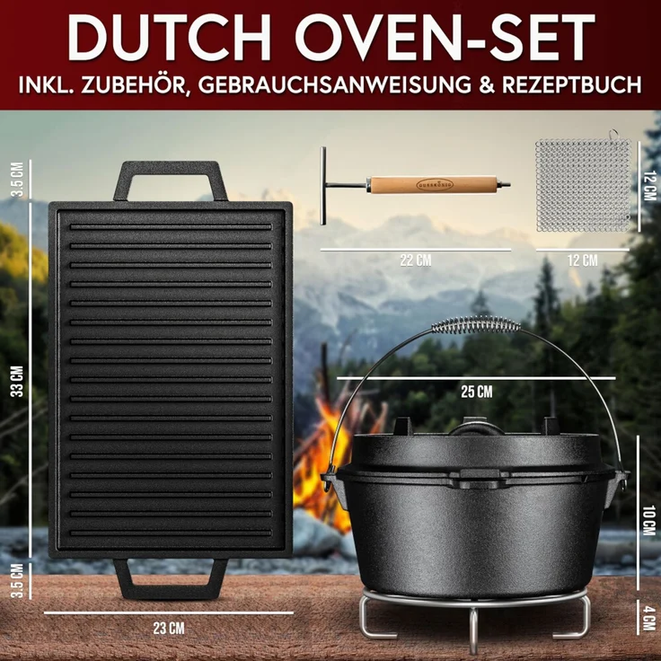 Gusseisen Set 10-teilig in Holzbox – Dutch Oven 4,5 l, Pfanne Ø 26 cm, Grillplatte, Zubehör & Rezeptbuch, ideal für Grill & Outdoor – Bild 9