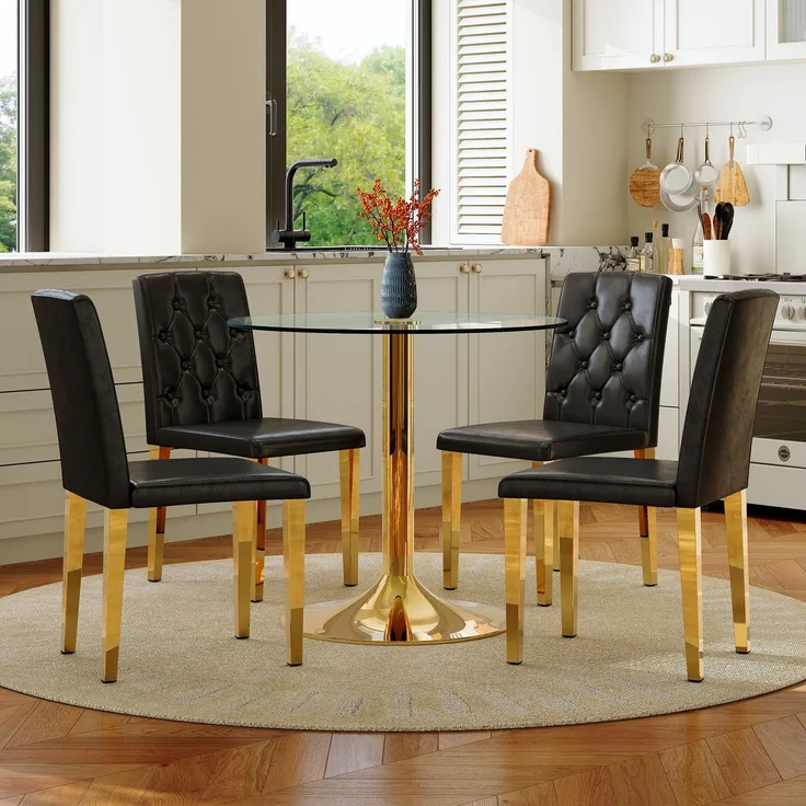 Esstischgruppe H 76 x T 85 x B 85 cm aus gehärtetem Glas und Metall in Schwarz-Gold mit 4 Stühlen