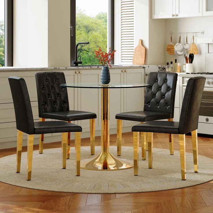 Esstischgruppe H 76 x T 85 x B 85 cm aus gehärtetem Glas und Metall in Schwarz-Gold mit 4 Stühlen – Bild 1