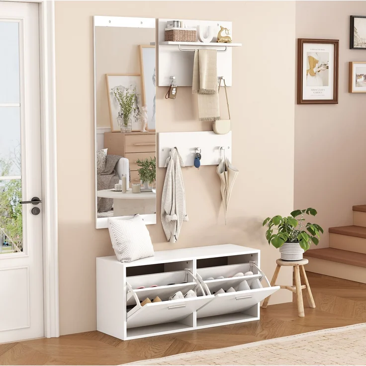 DESVIAE Garderobenschrank-Set 4-tlg. mit Spiegel und 6 Haken 90x41,5x30 cm Spanplatte Weiß – Bild 3