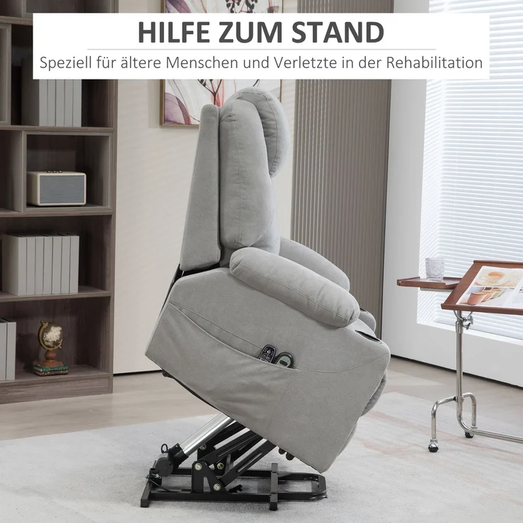 Wohnora-Massagesessel Aufstehhilfe Seniorensessel, 8 Vibrationspunkte, 2 Seitentaschen, Getränkehalter, 90 x 101 x 107 cm, Grau,H 1070cm x T 1010cm x B 900cm,Hellgrau – Bild 5