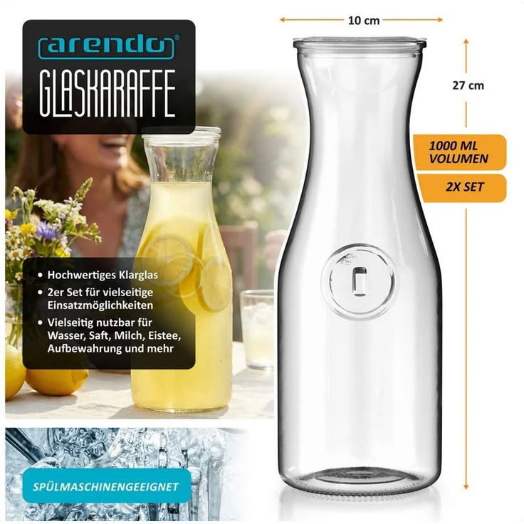 Arendo Karaffe Glaskaraffe mit Deckel, Wasserkaraffe, Glaskrug 2er Set 1L, (Set, 2-tlg, 2 Karaffen mit Deckeln und 2 Holztafel-Etiketten), Kalt- und Warmgetränke, 1000 ml, hochwertiges, robustes Klarglas – Bild 3