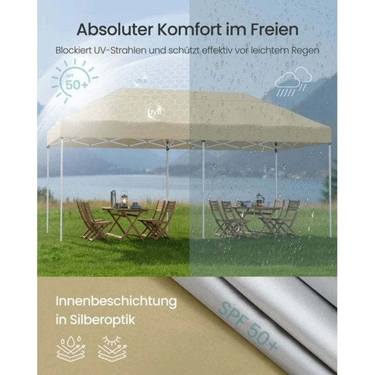 SONGMICS Faltzelt 6 x 3 m, mit Seitenwänden, stabil, tragbar, Pavillon für Garten, Hof, Party, Sonnenschutz, beige – Bild 4