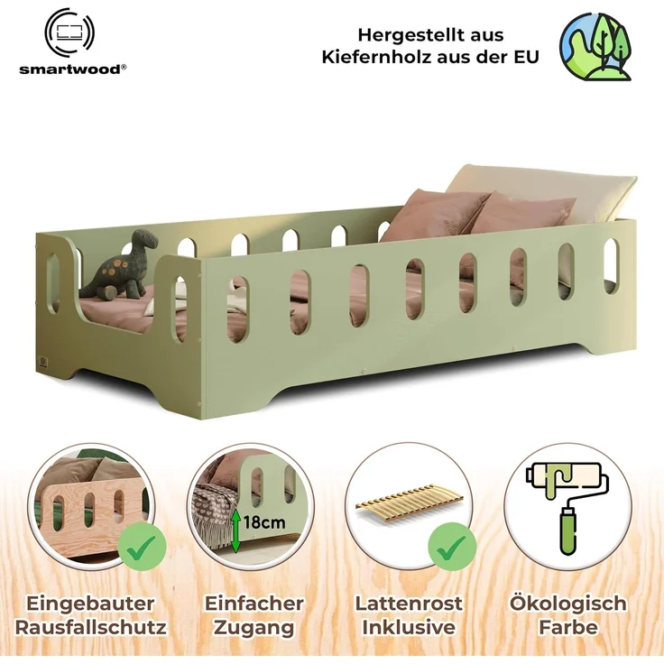 smartwood Kinderbett Bodenbett 80x160 mit Rausfallschutz & Lattenrost - Grün - Kinder Montessori Bett TILA 2B mit glatten Kanten - Betten für schnelle Montage - Bis 230 kg belastbar – Bild 3