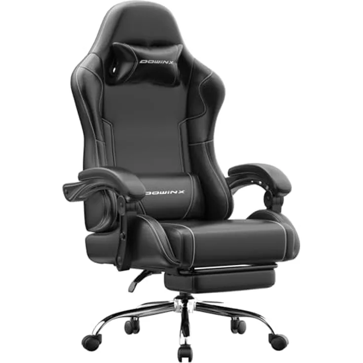 Dowinx Gaming Stuhl, Ergonomischer Gamer Stuhl für Büro und Home Office, Verstellbarer Bürostuhl mit Rückenlehne bis 150°, mit Fußstütze, Belastbar bis 180 kg, Schwarz