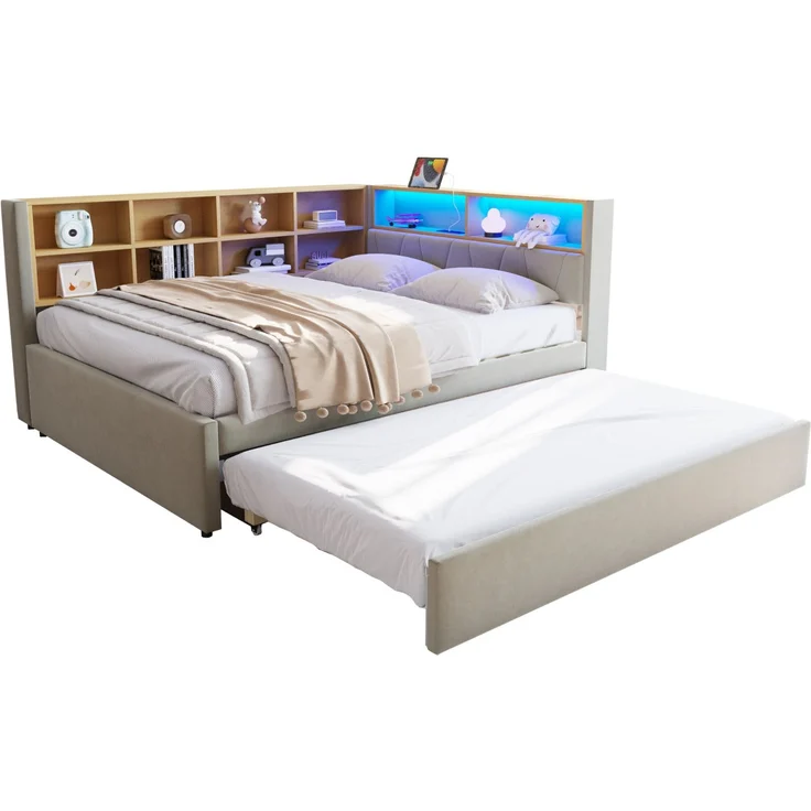 Multifunktionales Schlafsofa 140x200 cm mit Ausziehbett, LED-Leuchten, USB & Typ-C Ladeanschluss, Stauraum,Hellgrau – Bild 7