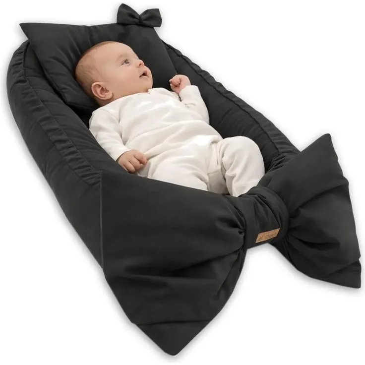 Sleepyshop24, Babynestchen mit Kissen, Kuschelnest für Neugeborene, Samt/Velvet Baby Kokon, Atmungsaktives Reisebett mit Schleife, Grau, Öko-Tex Standard 100 – Bild 2