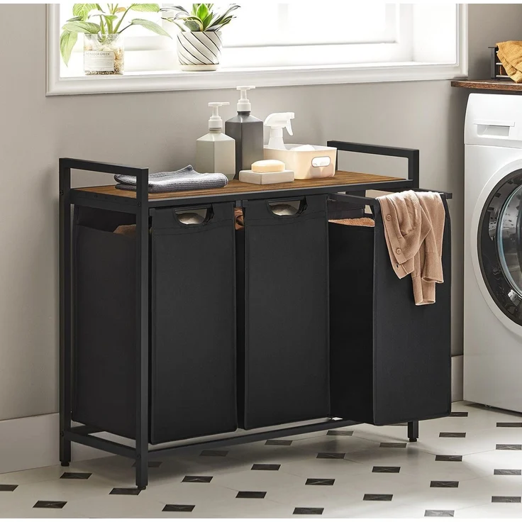 Vasagle Wäschekorb mit 3 Fächer, Metallrahmen Vintagebraun/Schwarz, 38L / 92,5 x 33 x 72 cm – Bild 1